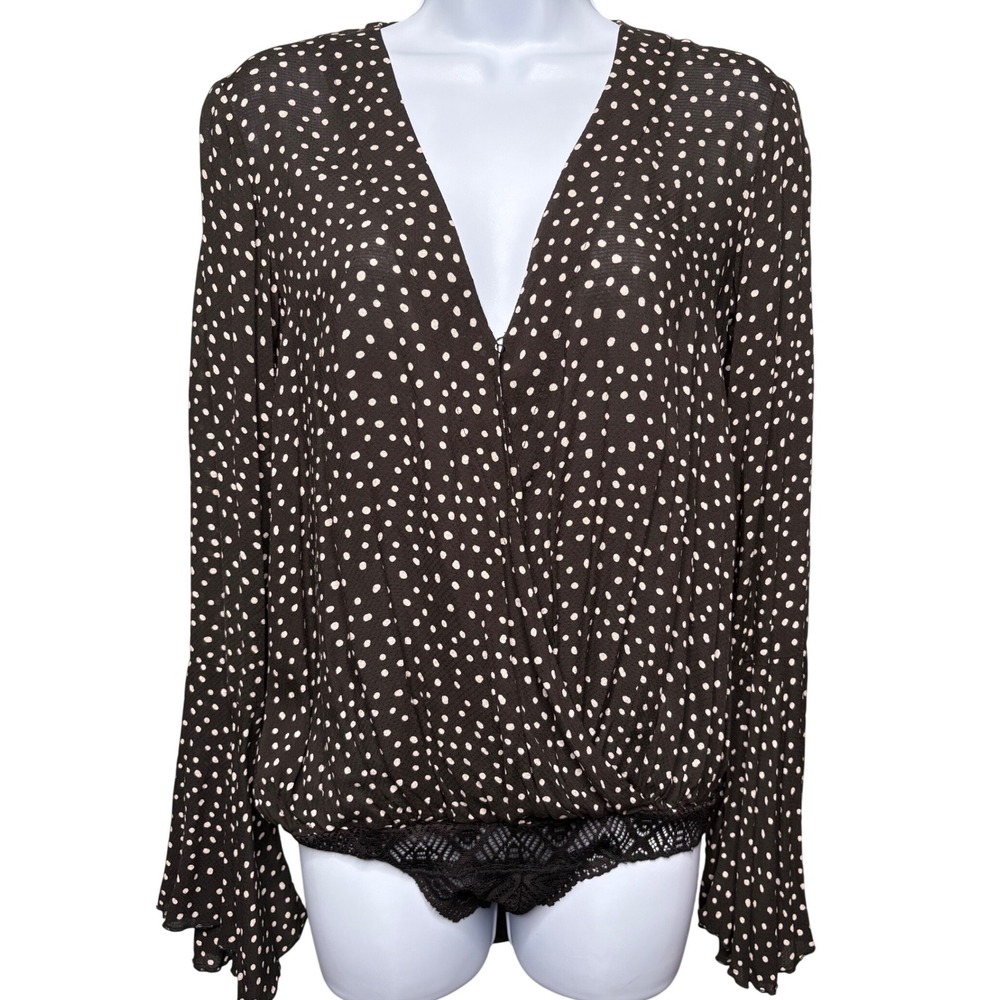 INTIMATELY FREE PEOPLE Brown Polka Dot Wrap Bodysuit Sz S Bell Sleeve Boho-Chic